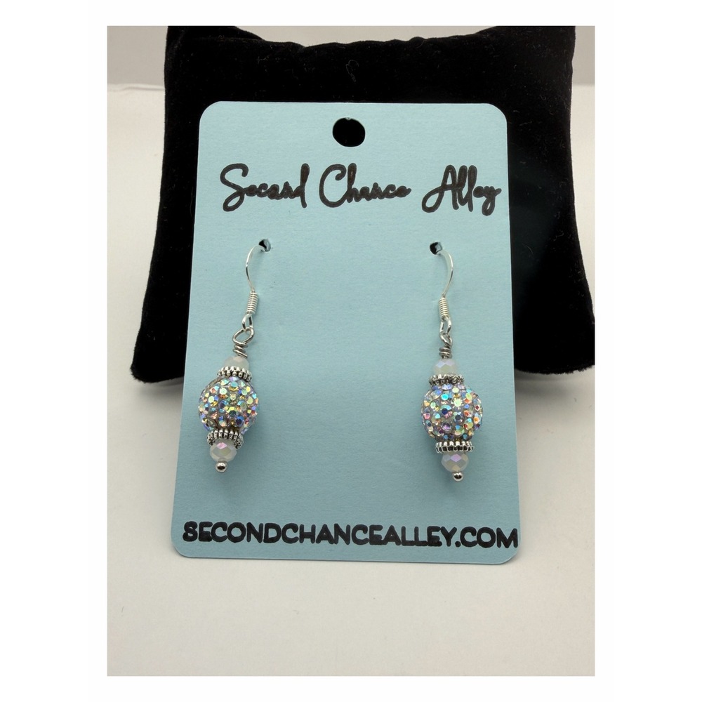 AB Crystal Disco Ball Drop Earrings Silver Tone Iridescent 2"